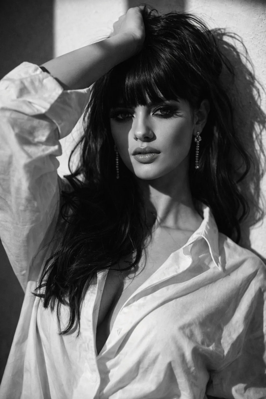 Black and white editorial portrait with dramatic lighting and expressive pose.